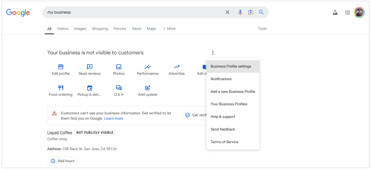 Business Profile settings